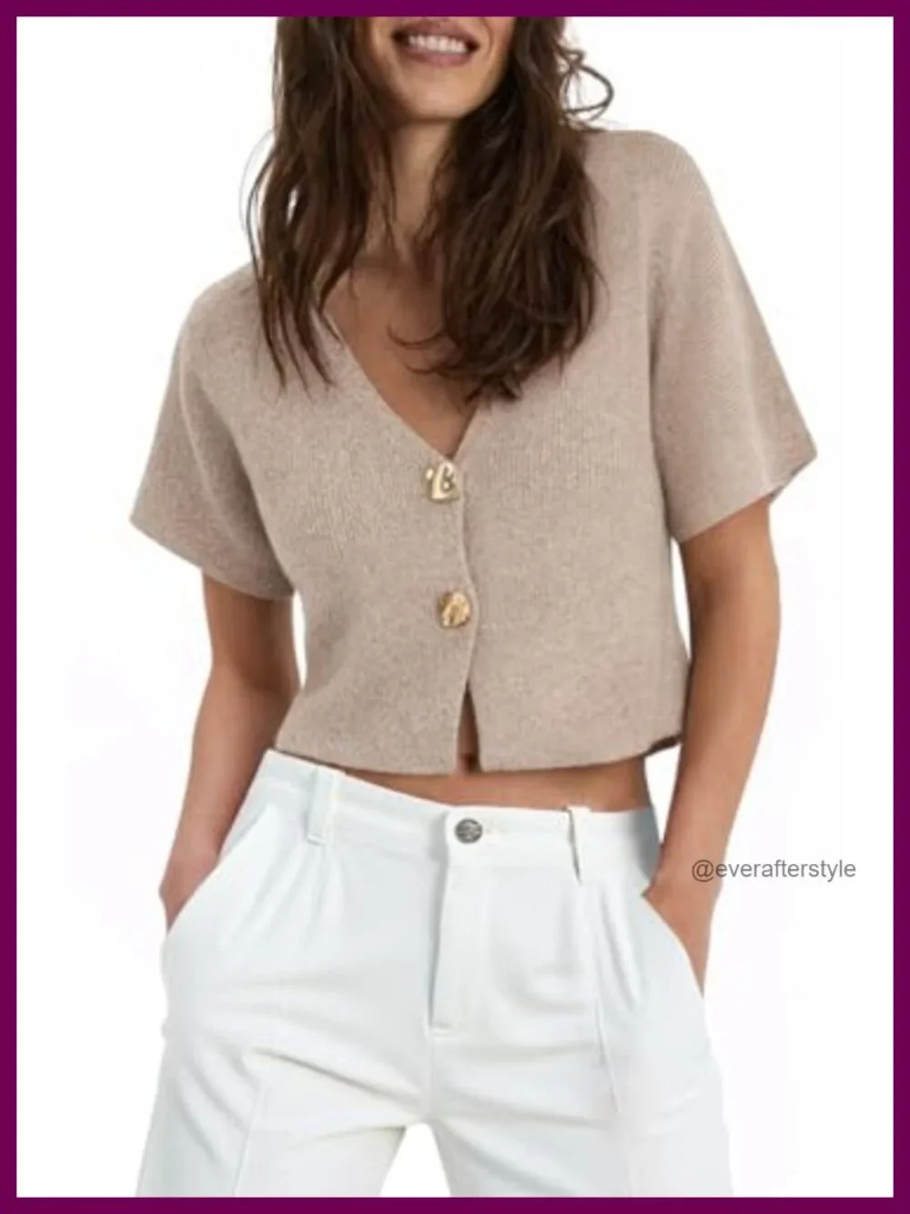 Cropped Knit Cardigan Top V Neck Button Front Short Sleeve Sweater